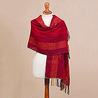 Alpaca blend shawl, 'Red Passion' - Alpaca Blend Fringed Shawl with Red Stripes from Peru
