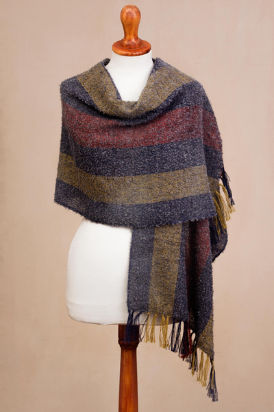 Alpaca blend shawl, 'Colors of Winter' - Striped Alpaca Blend Fringed Shawl from Peru