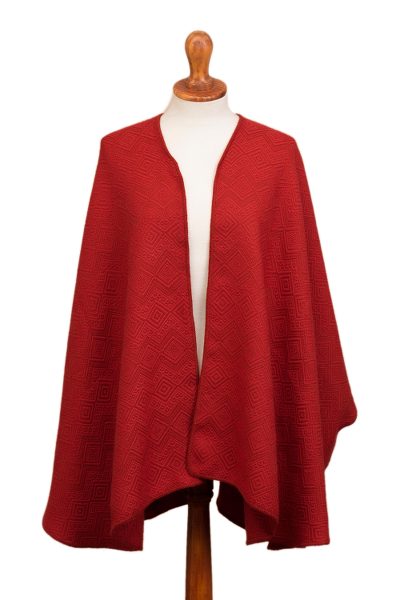 Alpaca blend ruana, 'Strawberry Glam' - Diamond Pattern Alpaca Blend Ruana in Strawberry from Peru