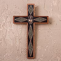Copper and wood wall cross, 'Faith Glitters' - Copper and Wood Wall Cross with Pyrite Accents from Peru