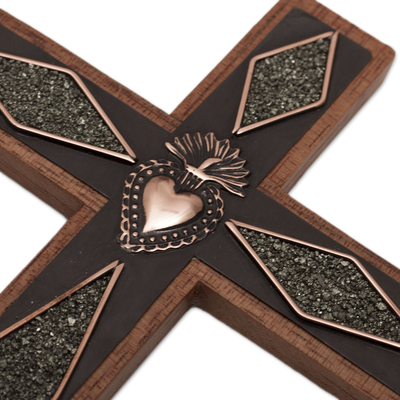 Copper and wood wall cross, 'Faith Glitters' - Copper and Wood Wall Cross with Pyrite Accents from Peru