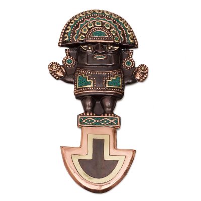 Bronze and copper wall sculpture, 'Divine Tumi' - Tumi Ax Copper and Bronze Wall Sculpture with Chrysocolla
