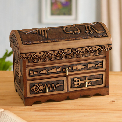 Cofre joyero de cuero y madera de cedro - Cofre de joyería de cuero y madera de cedro con diseño de Nazca de Perú