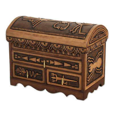 Nazca Pattern Leather and Cedar Wood Jewelry Chest from Peru