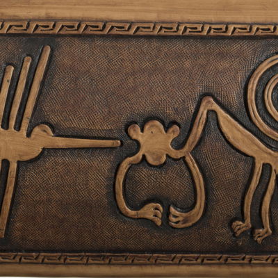 Cofre joyero de cuero y madera de cedro - Cofre de joyería de cuero y madera de cedro con diseño de Nazca de Perú