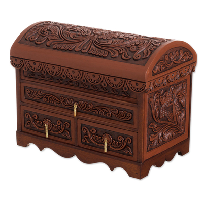 Bird Pattern Leather and Cedar Wood Jewelry Chest from Peru