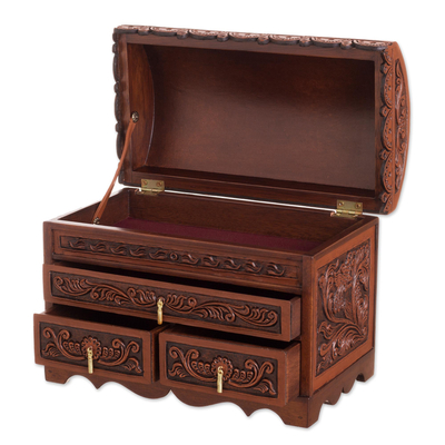 Leather and cedar wood jewelry chest, 'Impressive Birds' - Bird Pattern Leather and Cedar Wood Jewelry Chest from Peru