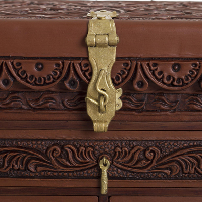 Leather and cedar wood jewelry chest, 'Intricate Nature' - Nature-Inspired Leather and Cedar Wood Jewelry Chest