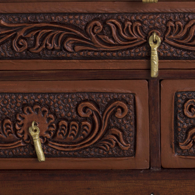 Leather and cedar wood jewelry chest, 'Intricate Nature' - Nature-Inspired Leather and Cedar Wood Jewelry Chest