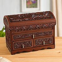 Leather and cedarwood jewelry chest, 'Paradise in the Forest' - Forest Pattern Leather and Cedarwood Jewelry Chest