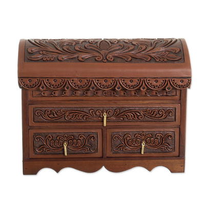 Leather and cedarwood Jewellery chest, 'Paradise in the Forest' - Forest Pattern Leather and Cedarwood Jewellery Chest