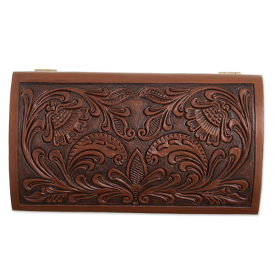 Leather and cedarwood jewelry chest, 'Paradise in the Forest' - Forest Pattern Leather and Cedarwood Jewelry Chest