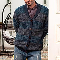 Featured review for Mens 100% alpaca cardigan, Andean Spruce