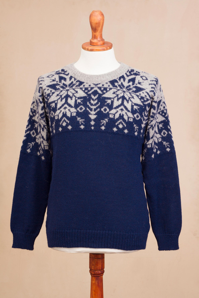 Men's 100% alpaca pullover, 'Snowflake Dimension' - Snowflake Pattern Men's 100% Alpaca Pullover from Peru