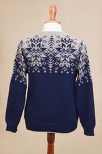 Men's 100% alpaca pullover, 'Snowflake Dimension' - Snowflake Pattern Men's 100% Alpaca Pullover from Peru