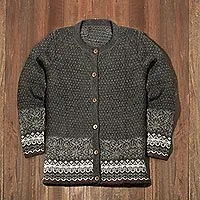 100% alpaca cardigan, 'Wintry Passion' - Graphite and Smoke 100% Alpaca Cardigan from Peru