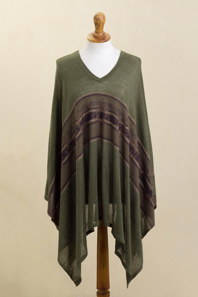 Cotton blend poncho, 'Olive Mountain' - Woven Cotton Blend Poncho in Olive Green from Peru
