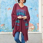 Cotton Blend Poncho in Cerise and Blue from Peru, 'Andean Charm'