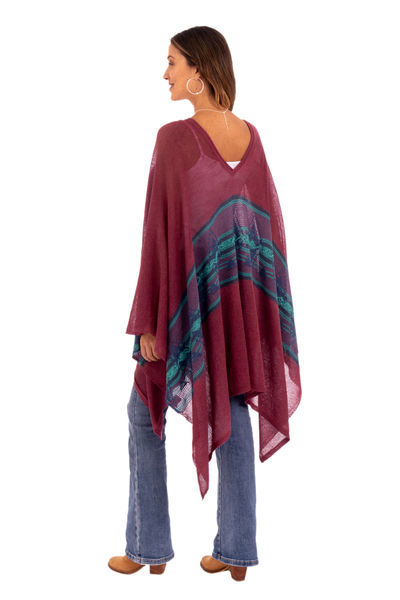 Cotton blend poncho, 'Andean Charm' - Cotton Blend Poncho in Cerise and Blue from Peru