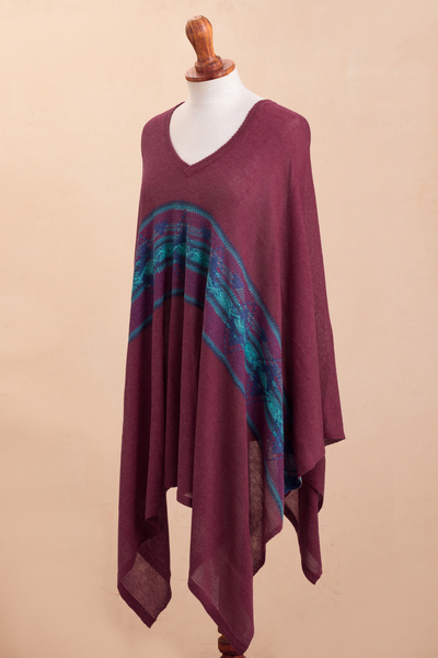 Cotton blend poncho, 'Andean Charm' - Cotton Blend Poncho in Cerise and Blue from Peru
