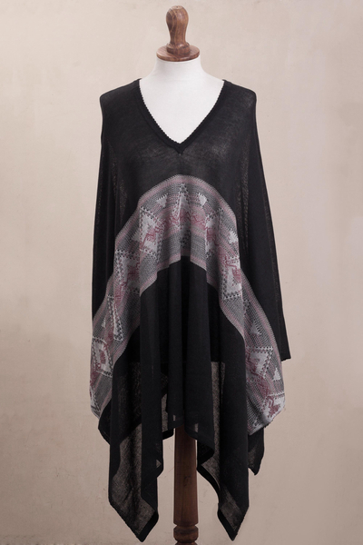 Cotton blend poncho, 'Mysterious Andes' - Geometric Pattern Cotton Blend Poncho in Black
