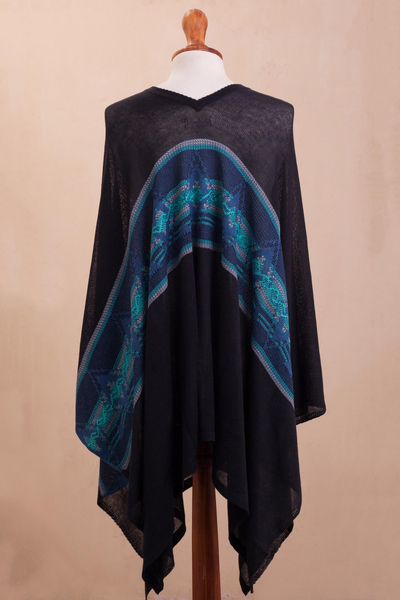 Cotton blend poncho, 'Seasonal Escape' - Artisan Crafted Cotton Blend Poncho in Black and Blue