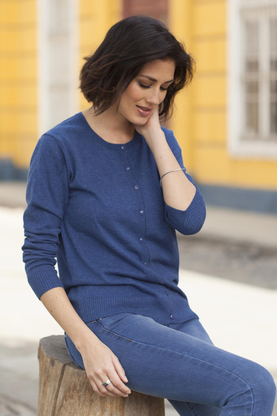 Cotton blend cardigan, 'Simple Style in Royal Blue' - Cotton Blend Button-Up Cardigan in Royal Blue from Peru