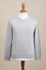 Men's v-neck sweater, 'Casual Comfort in Grey' - Men's V-Neck Cotton Blend Pullover in Pearl Grey from Peru