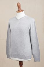 Men's v-neck sweater, 'Casual Comfort in Grey' - Men's V-Neck Cotton Blend Pullover in Pearl Grey from Peru
