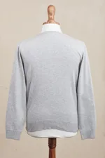 Men's v-neck sweater, 'Casual Comfort in Grey' - Men's V-Neck Cotton Blend Pullover in Pearl Grey from Peru