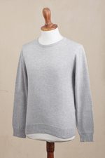 Men's crew neck sweater, 'Casual Comfort in Grey' - Men's Crew Neck Cotton Blend Pullover in Pearl Grey