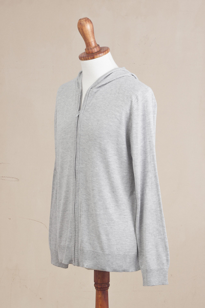 Men's cotton blend hoodie, 'Neutral Grey Adventure' - Light Grey Cotton Blend Men's Hoodie Sweater