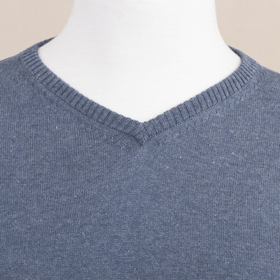 Men's cotton blend pullover, 'Warm Adventure in Indigo' - Men's V-Neck Cotton Blend Pullover in Indigo from Peru