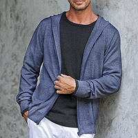 Men's cotton blend hoodie, 'Indigo Adventure' - Indigo Blue Cotton Blend Men's Hoodie Sweater