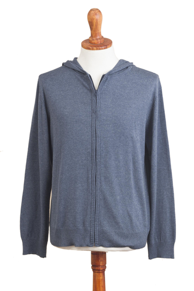 Men's cotton blend hoodie, 'Indigo Adventure' - Indigo Blue Cotton Blend Men's Hoodie Sweater