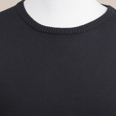 Men's crew neck sweater, 'Casual Comfort in Black' - Men's Crew Neck Cotton Blend Pullover in Black from Peru