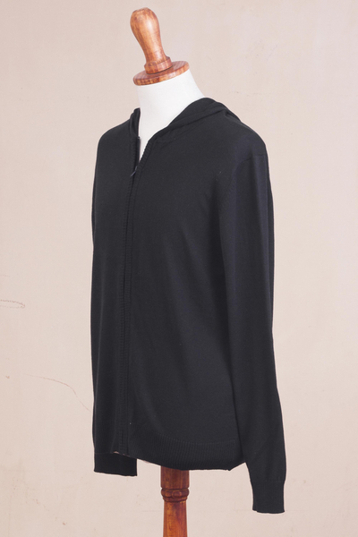 Sudadera con capucha para hombre, 'Casual Comfort in Black' - Suéter con capucha de mezcla de algodón negro para hombre