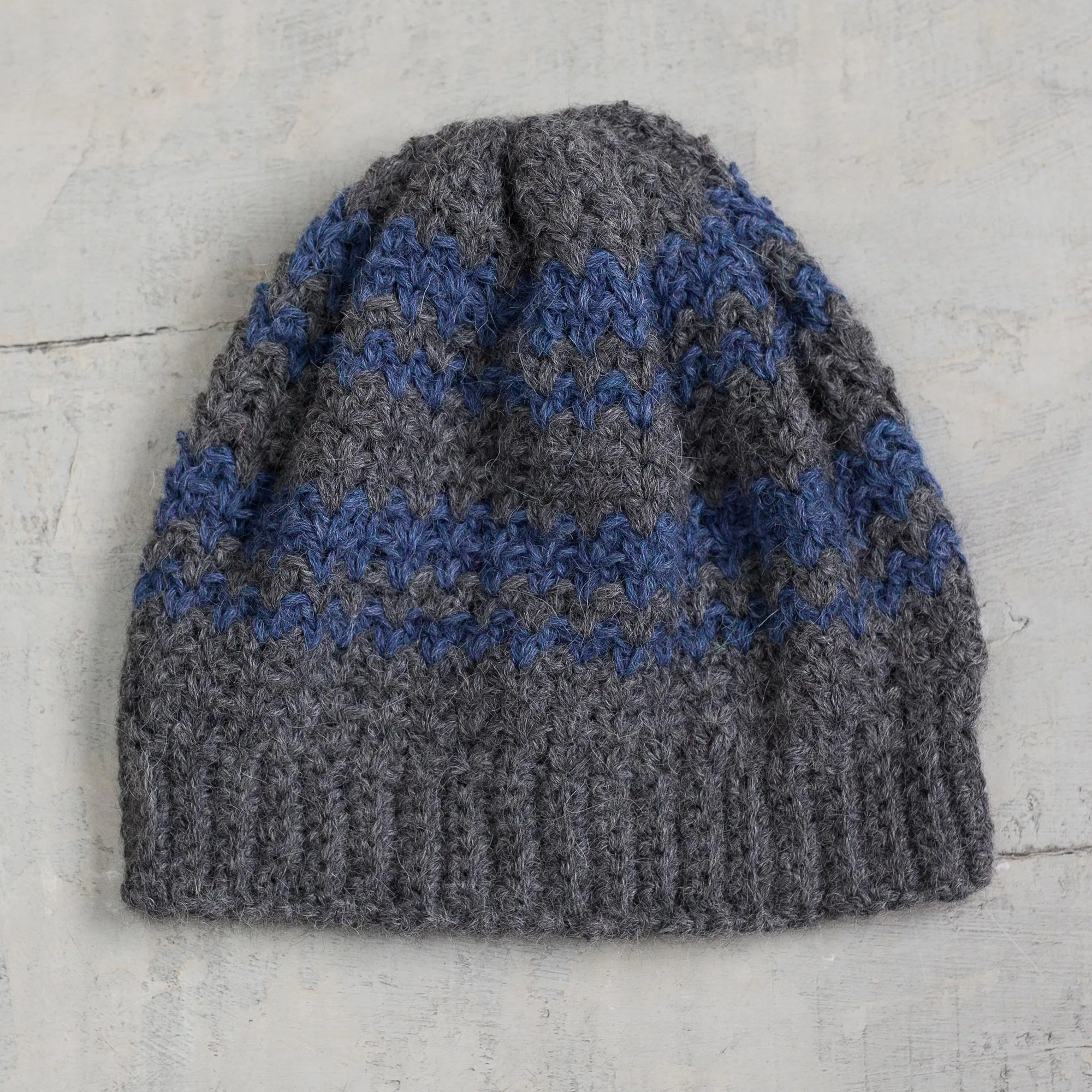 100% alpaca hat, 'Bold Adventure' - Striped Azure and Graphite 100% Alpaca Hat from Peru