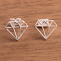 Sterling silver button earrings, 'Diamond Prisms' - Peruvian Sterling Silver Diamond Motif Button Earrings
