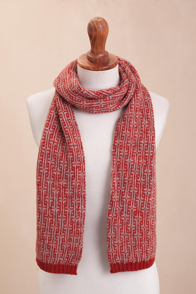100% alpaca scarf, 'Crimson Labyrinth' - Labyrinth Pattern Crimson 100% Alpaca Wrap Scarf from Peru