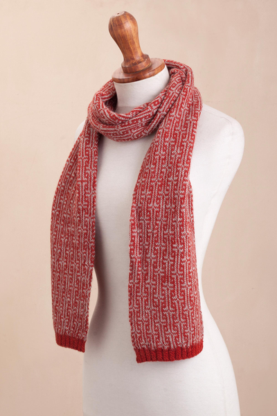 100% alpaca scarf, 'Crimson Labyrinth' - Labyrinth Pattern Crimson 100% Alpaca Wrap Scarf from Peru