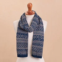 100% alpaca scarf, 'Geometric Signals' - Blue & Grey Geometric Knit 100% Alpaca Wrap from Peru