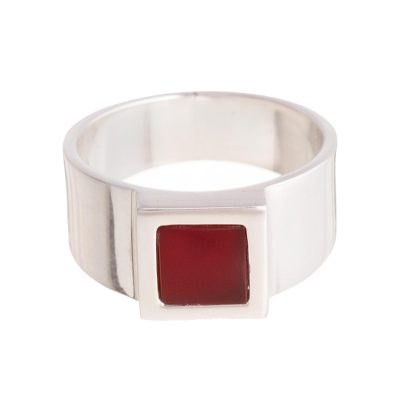 Agate signet ring, 'Square Fire' - Square Red-Orange Agate Cocktail Ring from Peru
