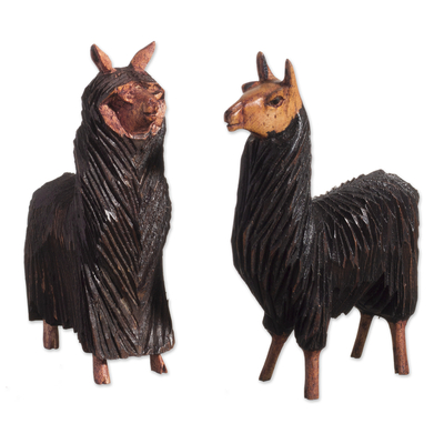 Wood figurines, 'Steadfast Friends' (pair) - Cedar Wood Figurines of a Llama and Suri Alpaca (Pair)