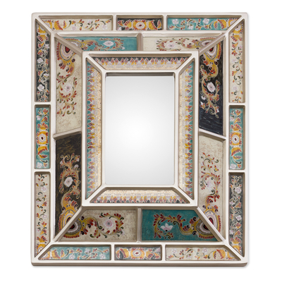 Reverse-painted glass wall mirror, 'Fantastic Floral' - Silver-Tone Reverse-Painted Glass Wall Mirror from Peru