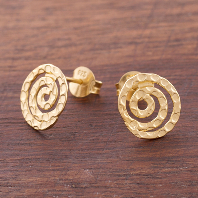 Gold plated sterling silver button earrings, 'Andean Cosmos' - Handmade Gold Plated Sterling Silver Button Earrings