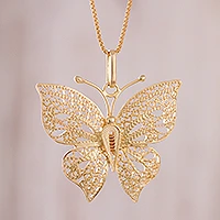 Gold plated sterling silver filigree pendant necklace, 'Majestic Flight'