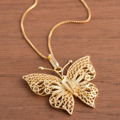 Gold plated sterling silver filigree pendant necklace, 'Majestic Flight' - Gold Plated Sterling Silver Filigree Butterfly Necklace