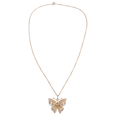 Gold plated sterling silver filigree pendant necklace, 'Majestic Flight' - Gold Plated Sterling Silver Filigree Butterfly Necklace