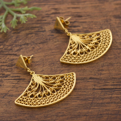 Gold plated sterling silver filigree dangle earrings, 'Andean Fans' - Fan-Shaped Gold Plated Sterling Silver Filigree Earrings
